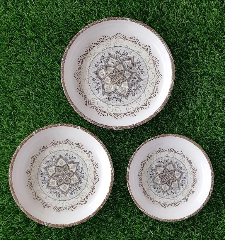 Set Of Three Printed Dinner Plates Double Glazed Melamine Small Medium Large Size