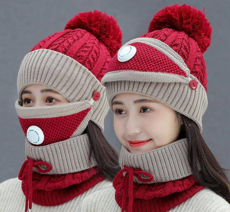 3 PCS Ladies Wool Cap Set with Warmer & Mask