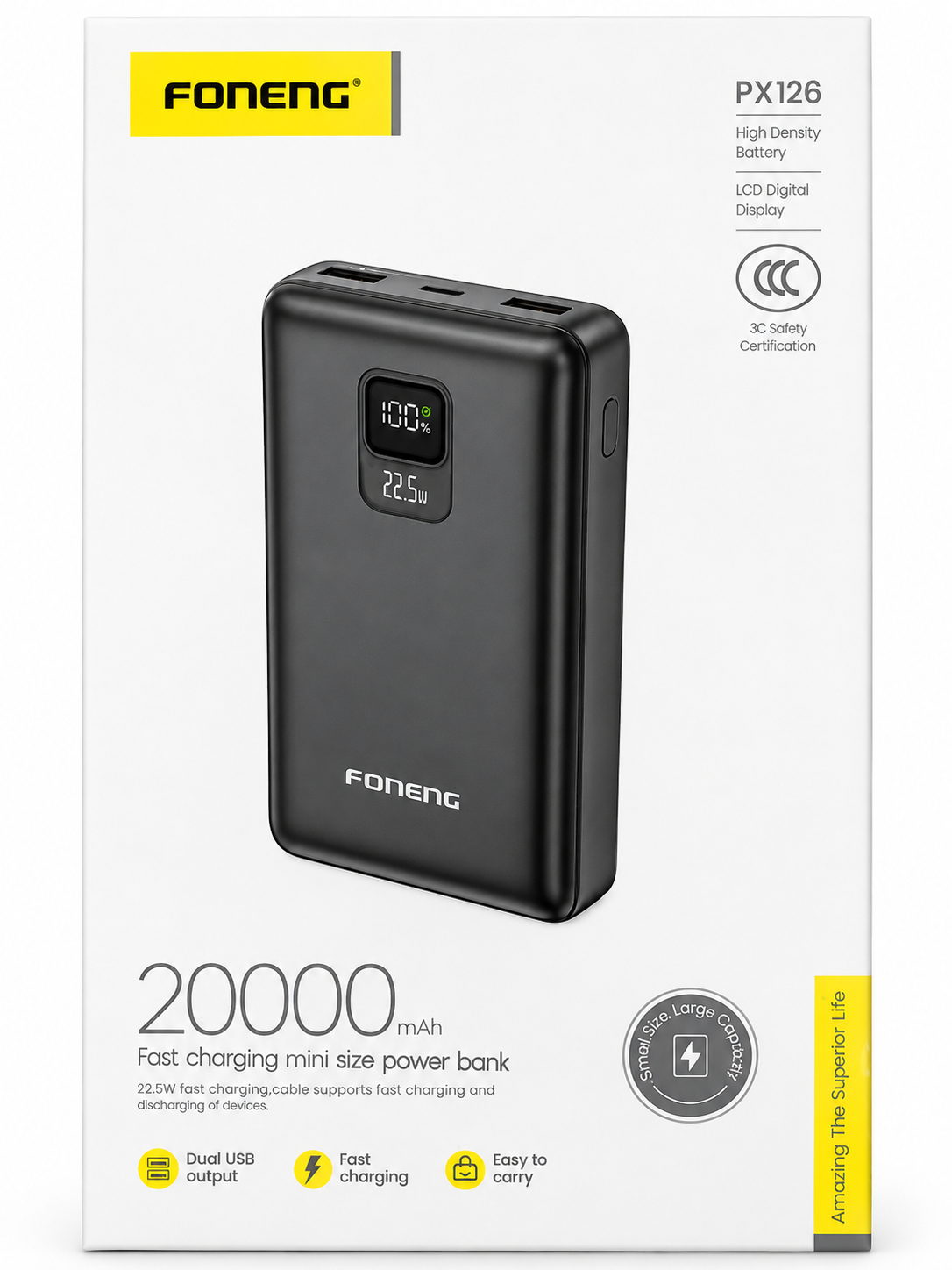 FONENG PX126 20000mAh Power Bank – 22.5W Fast Charging with Digital Display