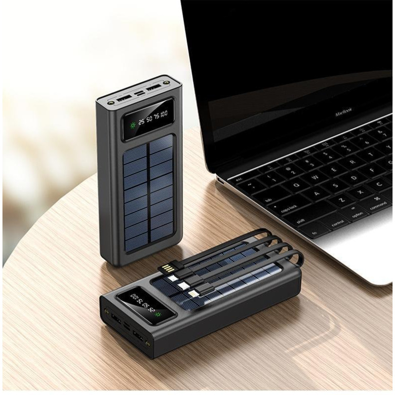 10000mAh Solar Power Bank With Dual Flashlight And 4 Built-In Charging Cables