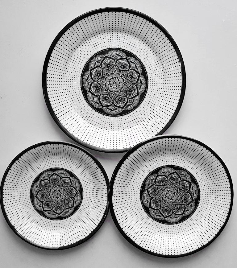 Set Of Three Printed Dinner Plates Double Glazed Melamine Small Medium Large Size